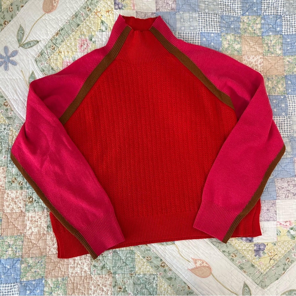 vibrant unique red pink and tan french connection knit turtleneck sweater